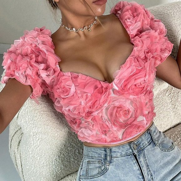 . Tops - Pink Boho Womens Floral Appliques Sweetheart Neck Puff Sleeve Crop Top